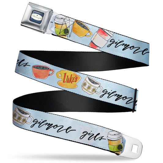 GILMORE GIRLS Title Logo Full Color Blue/White Seatbelt Belt - GILMORE GIRLS Luke's Coffee Shop Icons and Script Blue Webbing
