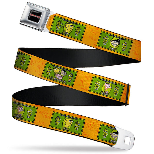ED EDD N EDDY Title Logo Full Color Black/White/Red Seatbelt Belt - Ed Edd n Eddy Money Notes and Icons Orange/Greens Webbing
