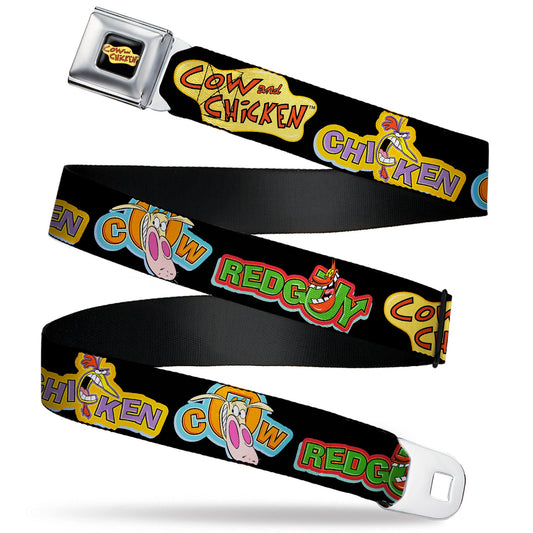 COW AND CHICKEN Title Logo Full Color Black Seatbelt Belt - COW AND CHICKEN Title Logo and Poses with RED GUY Black Webbing