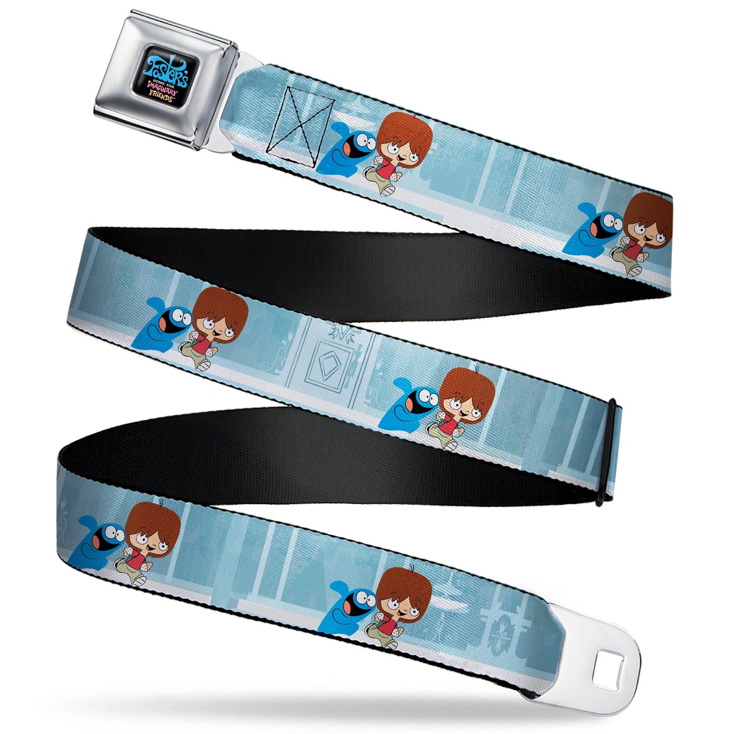 FOSTER'S HOME FOR IMAGINARY FRIENDS Title Logo Black/Multi Color Seatbelt Belt - Foster's Home for Imaginary Friends Mac and Bloo Pose Blues Webbing
