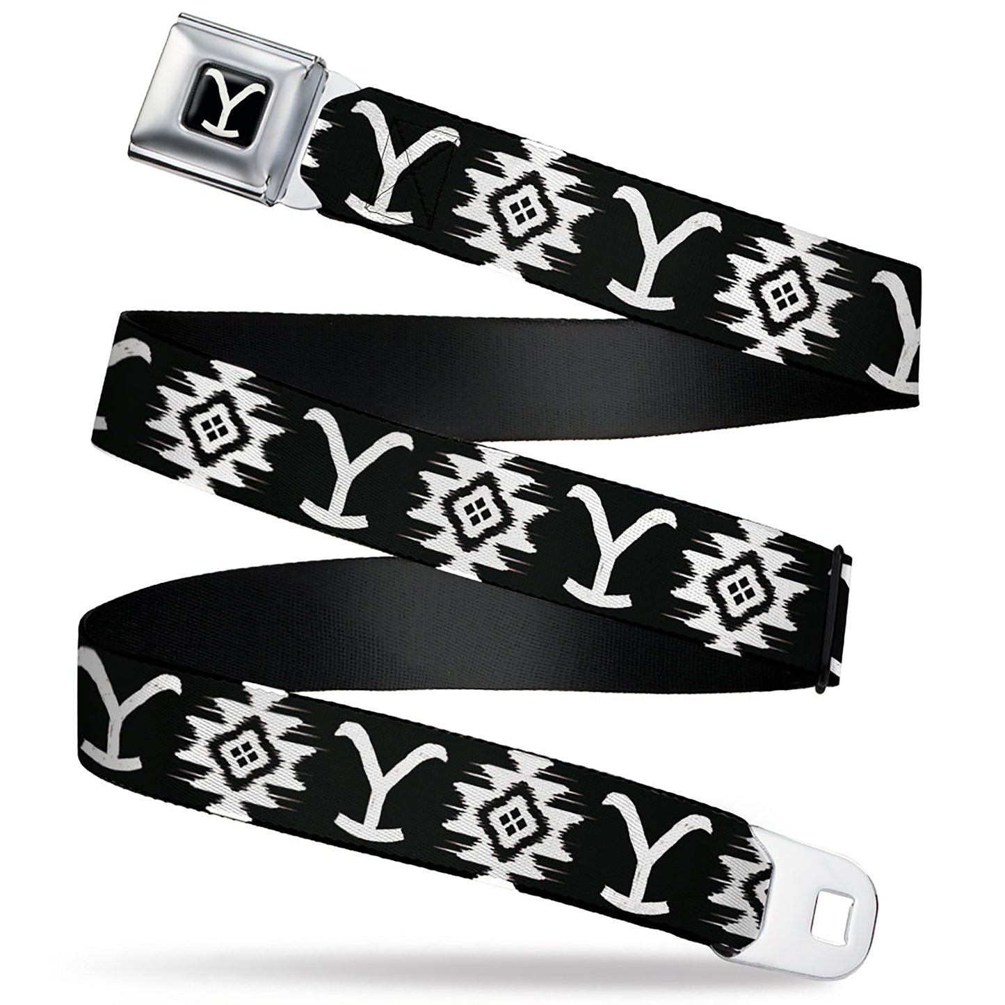 Yellowstone Y Logo Full Color Black/White Seatbelt Belt - Yellowstone Dutton Ranch and Native American Icons Black/White Webbing