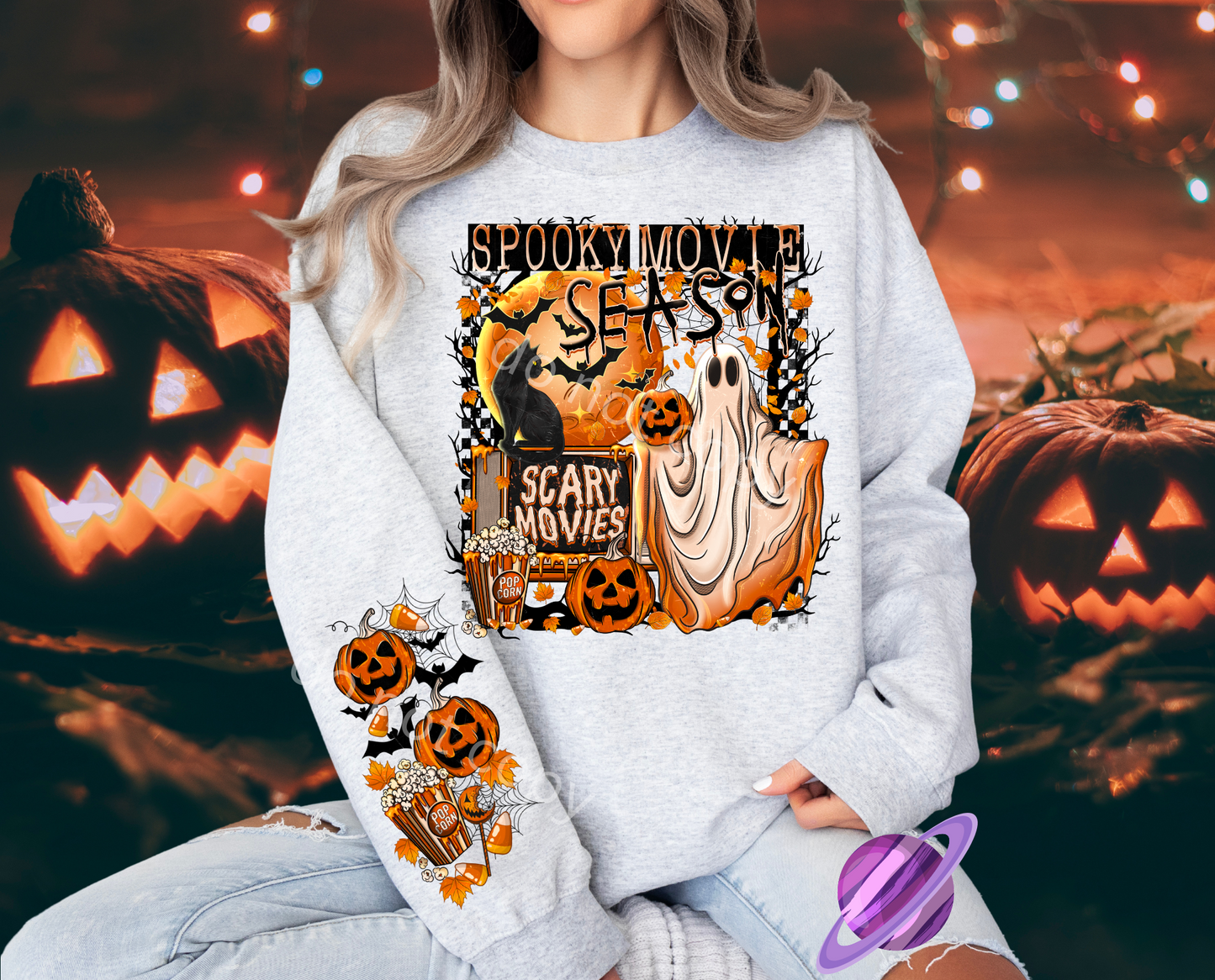 SPOOKY MOVIE SEASON CREWNECK SWEATSHIRT W/ SLEEVE PRINT