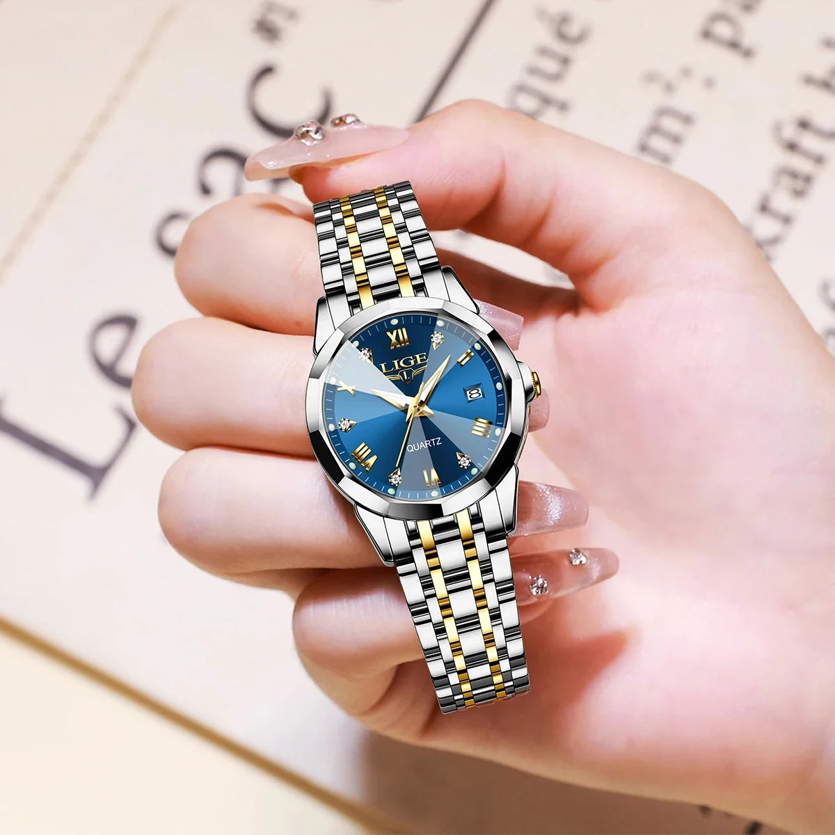 Women's Blue Sunburst Dial Two Tone Stainless Watch
