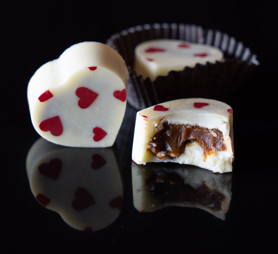 Heart Shaped Chocolate Bonbons Filled with Dulce de Leche