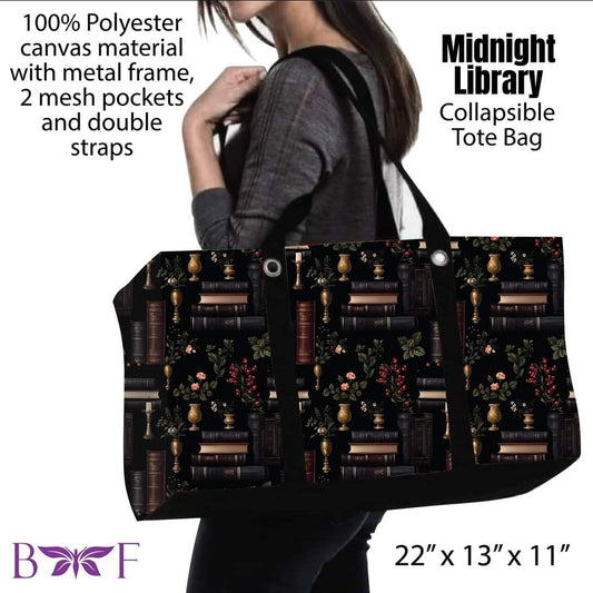 Midnight Library large Collapsible tote and 2 inside mesh pockets