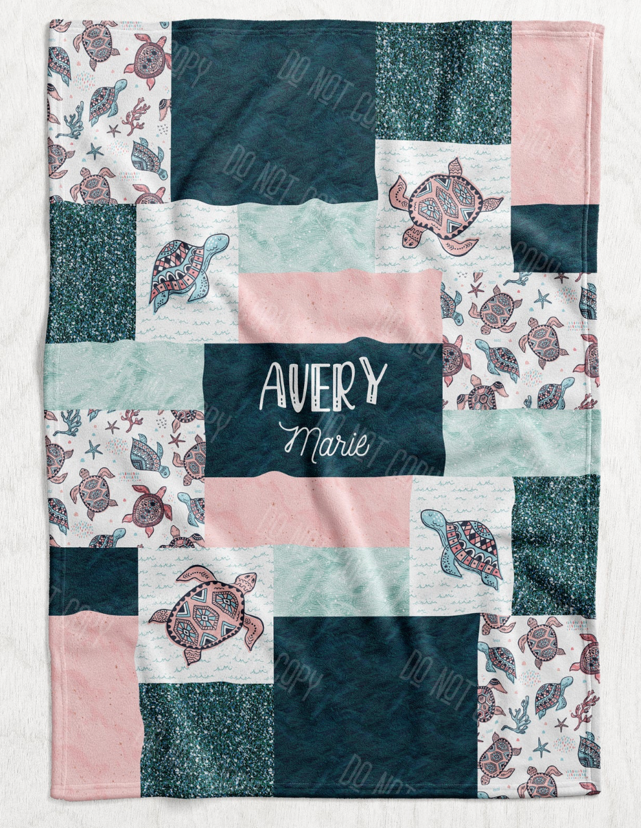Custom Personalized Plush Minky Blanket - Pink & Turquoise Sea Turtle Faux Quilt Style  // 3 sizes