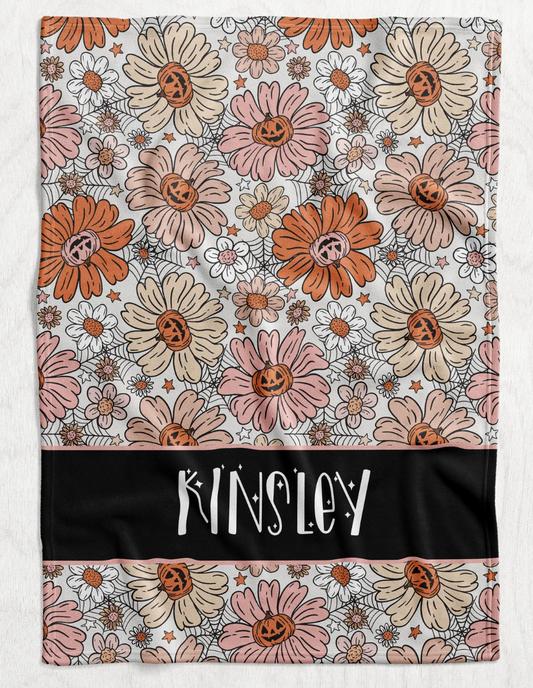 Custom Personalized Plush Minky Blanket - Floral Pumpkin Name Block Style // 3 sizes