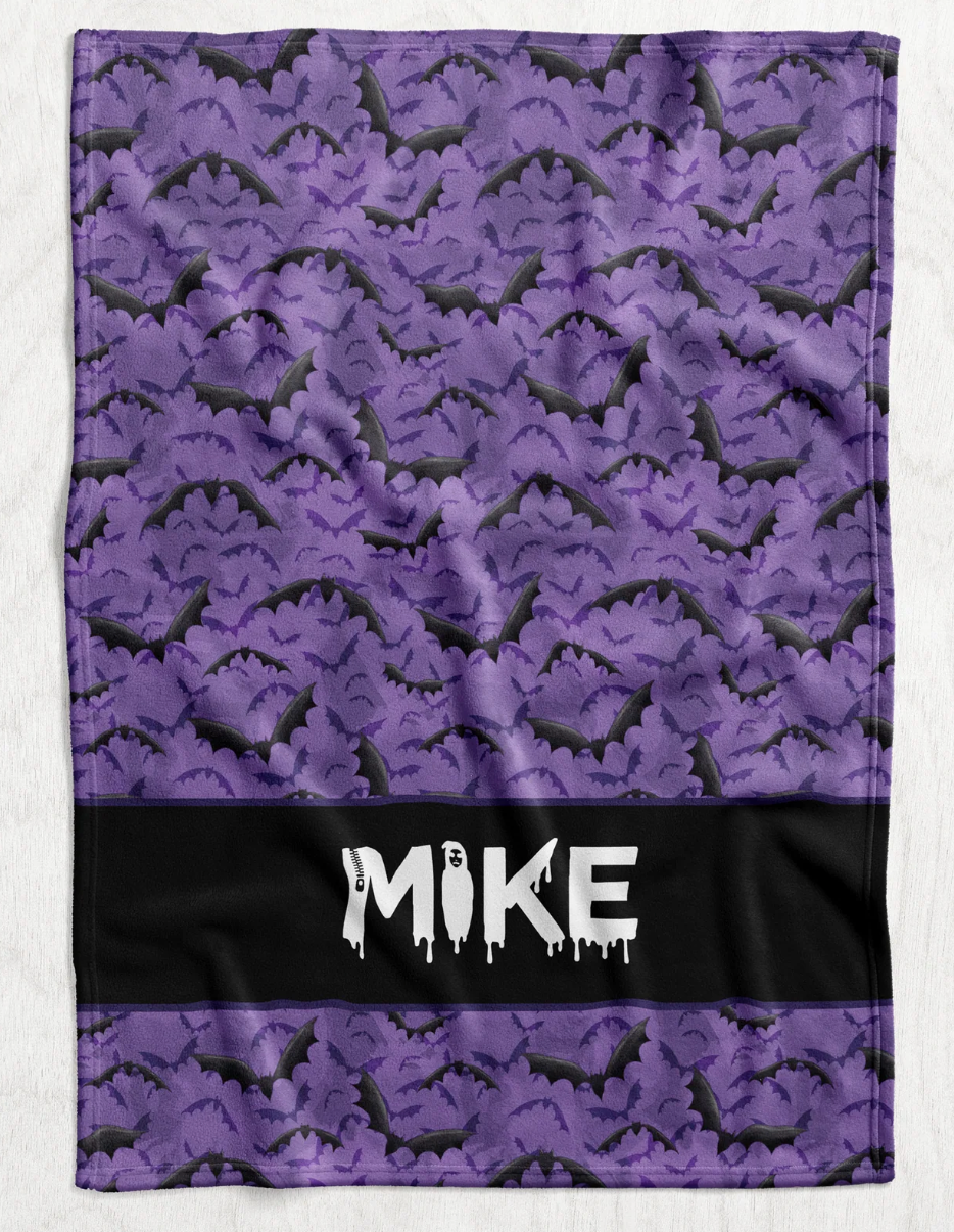 Custom Personalized Plush Minky Blanket - Purple Bats Name Block Style // 3 sizes