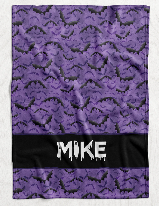 Custom Personalized Plush Minky Blanket - Purple Bats Name Block Style // 3 sizes