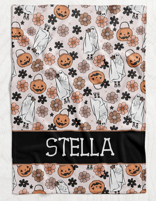Custom Personalized Plush Minky Blanket - Floral Halloween Name Block Style // 3 sizes