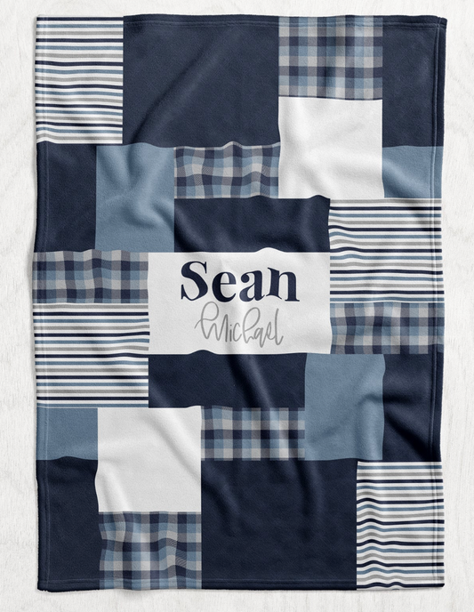 Custom Personalized Plush Minky Blanket - Basic Blues Faux Quilt Style  // 3 sizes