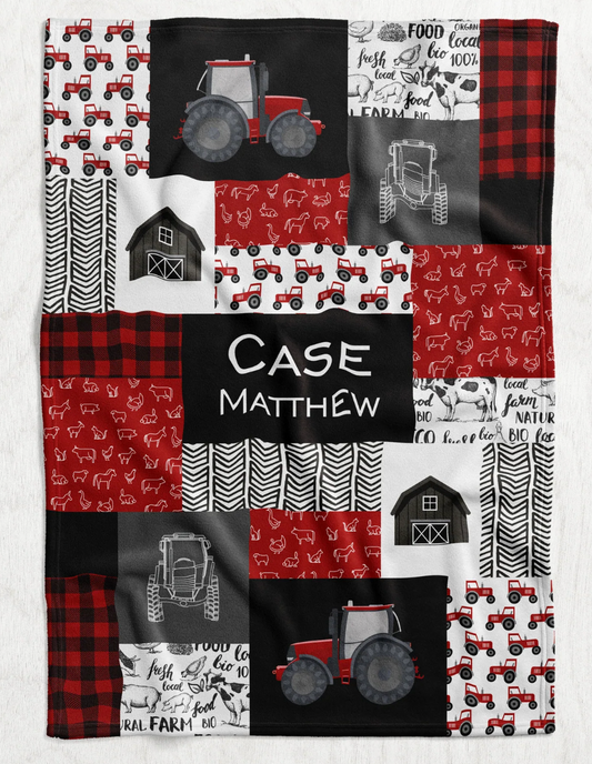 Custom Personalized Plush Minky Blanket - Red Tractor Faux Quilt Style  // 3 sizes
