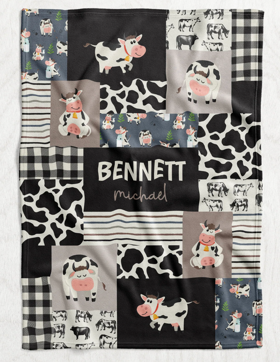 Custom Personalized Plush Minky Blanket - Grey & Black Cow Faux Quilt Style // 3 sizes