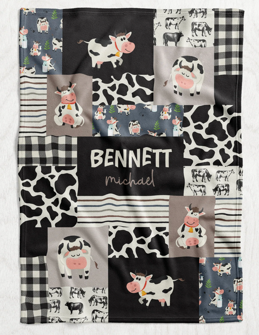 Custom Personalized Plush Minky Blanket - Grey & Black Cow Faux Quilt Style // 3 sizes