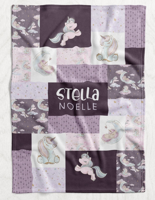 Custom Personalized Plush Minky Blanket - Sweet Dreams Unicorn Faux Quilt Style // 3 sizes