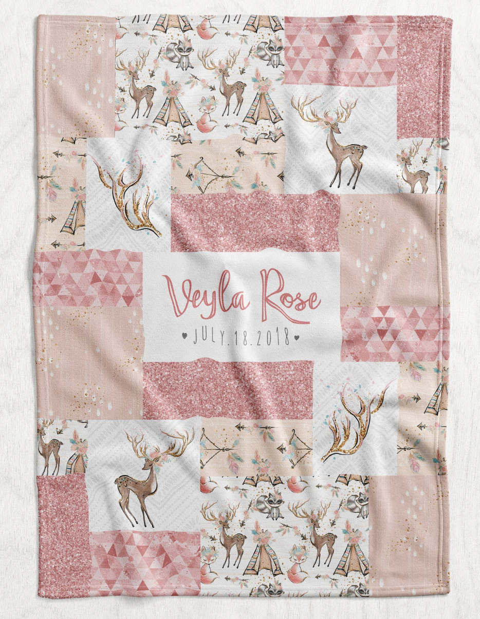 Custom Personalized Plush Minky Blanket - Boho Deer Faux Quilt Style // 3 sizes