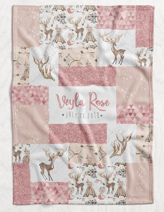 Custom Personalized Plush Minky Blanket - Boho Deer Faux Quilt Style // 3 sizes
