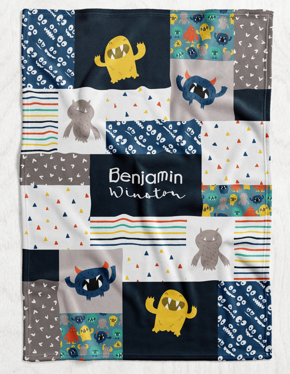 Custom Personalized Plush Minky Blanket - Blue Monsters Faux Quilt Style // 3 sizes