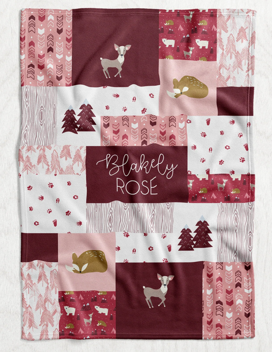 Custom Personalized Plush Minky Blanket - Pink Winter Fox Faux Quilt Style // 3 sizes