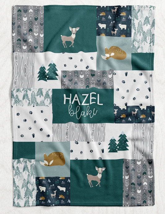 Custom Personalized Plush Minky Blanket - Green Winter Fox Faux Quilt Style // 3 sizes