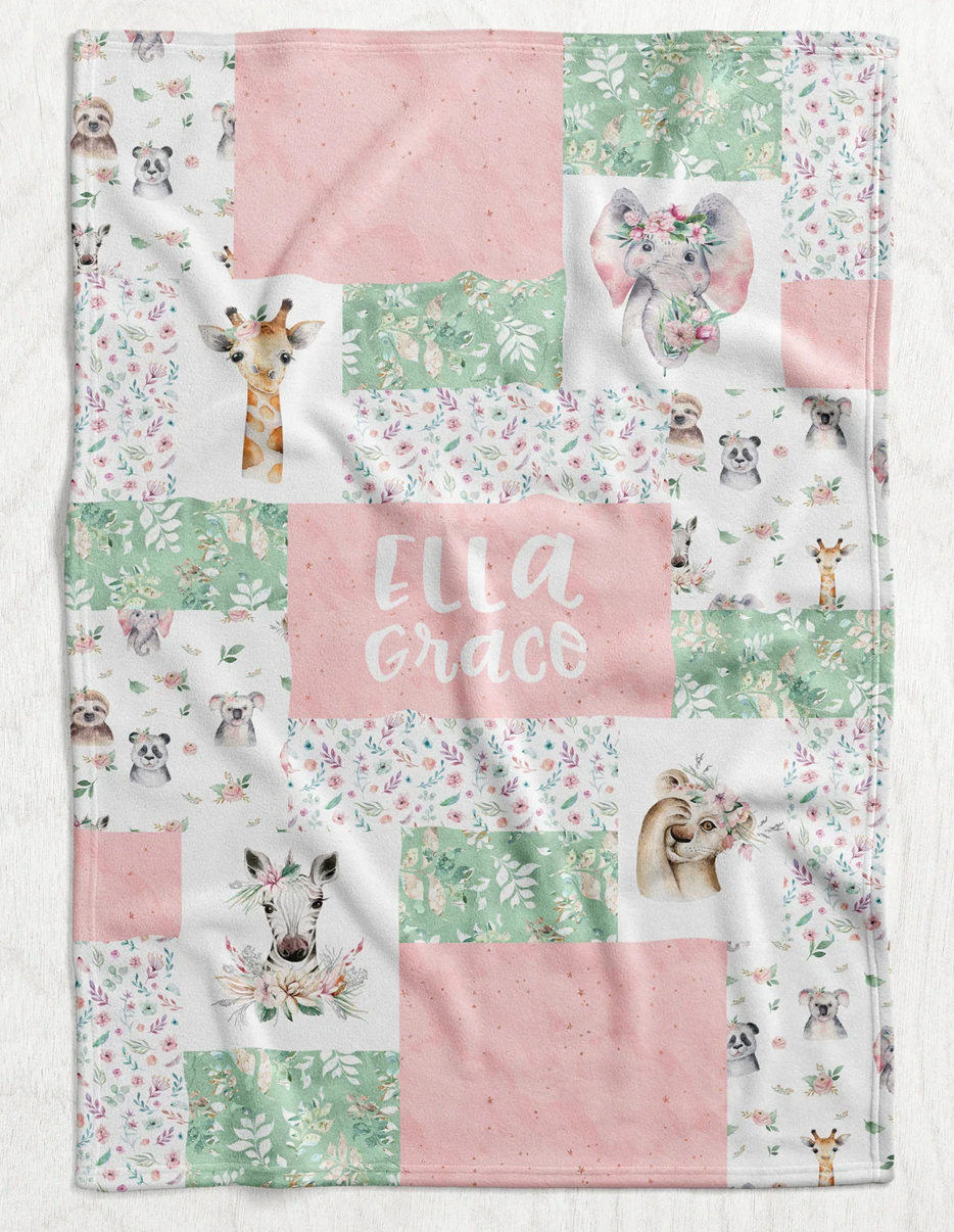 Custom Personalized Plush Minky Blanket - Pink Safari Faux Quilt Style // 3 sizes