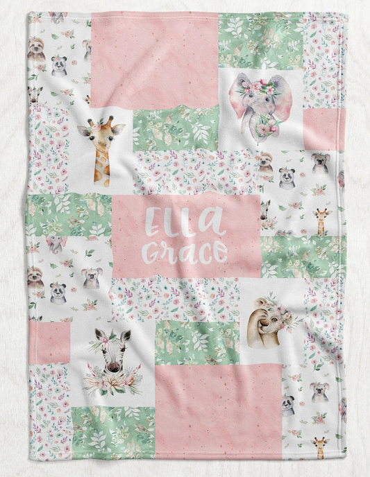 Custom Personalized Plush Minky Blanket - Pink Safari Faux Quilt Style // 3 sizes