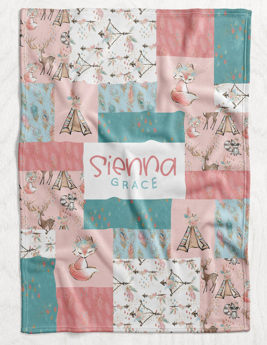 Custom Personalized Plush Minky Blanket - Boho Fox Faux Quilt Style // 3 sizes