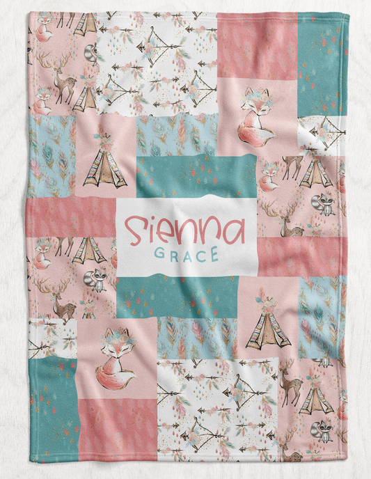 Custom Personalized Plush Minky Blanket - Boho Fox Faux Quilt Style // 3 sizes