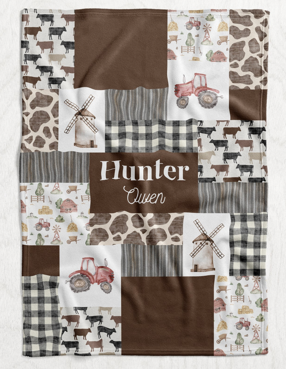 Custom Personalized Plush Minky Blanket - On The Farm Faux Quilt Style // 3 sizes