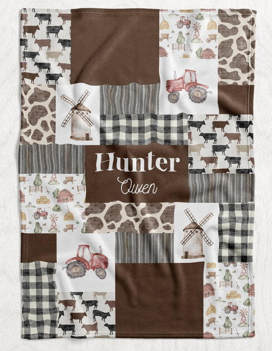 Custom Personalized Plush Minky Blanket - On The Farm Faux Quilt Style // 3 sizes