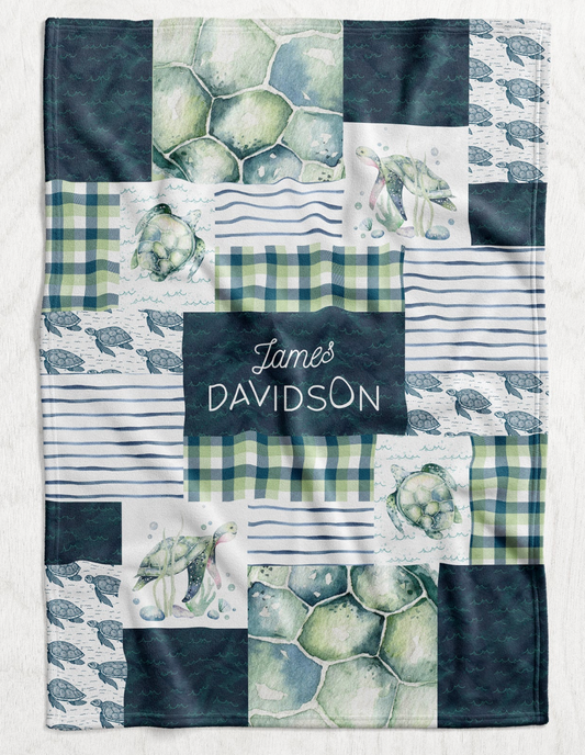 Custom Personalized Plush Minky Blanket - Watercolor Turtle Faux Quilt Style // 3 sizes