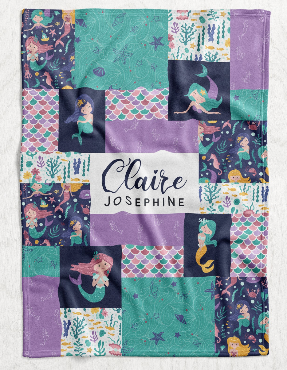 Custom Personalized Plush Minky Blanket - Purple & Teal Mermaid Faux Quilt Style // 3 sizes