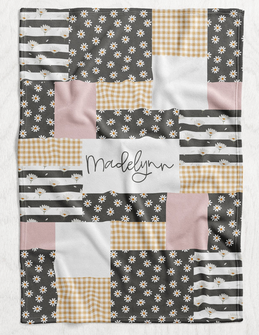Custom Personalized Plush Minky Blanket - Hello Daisy Faux Quilt Style // 3 sizes
