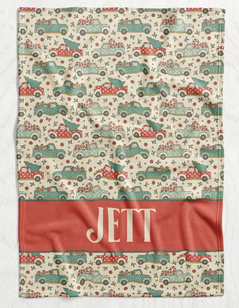 Custom Personalized Plush Minky Blanket - Festive Truck Faux Quilt Style // 3 sizes