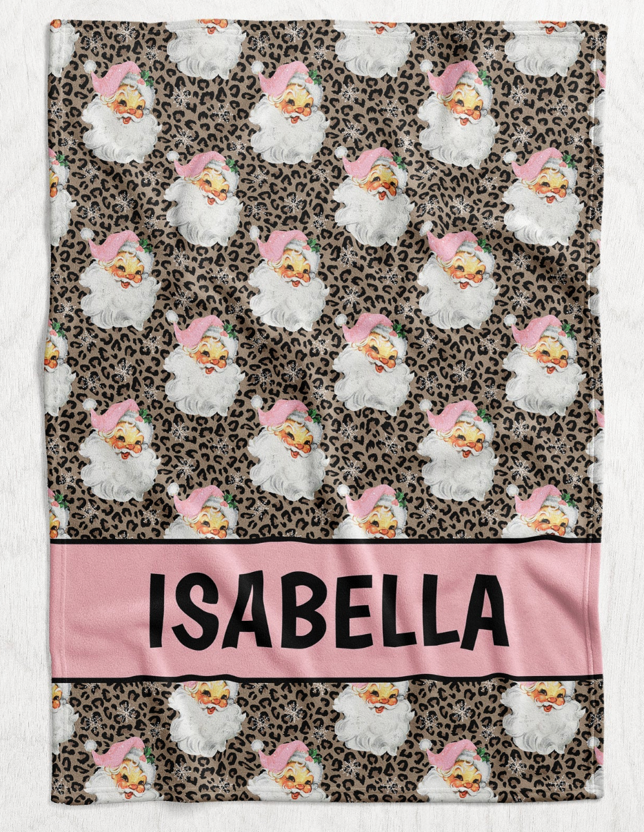 Custom Personalized Plush Minky Blanket - Pink Leopard Santa Faux Quilt Style // 3 sizes