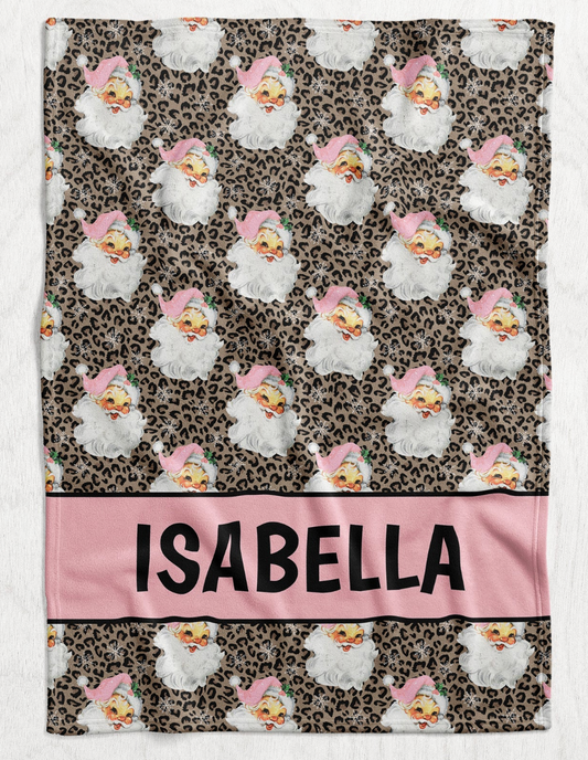 Custom Personalized Plush Minky Blanket - Pink Leopard Santa Faux Quilt Style // 3 sizes