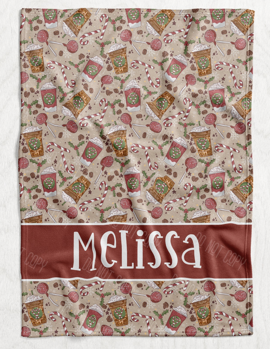Custom Personalized Plush Minky Blanket - Holiday Coffee Faux Quilt Style // 3 sizes