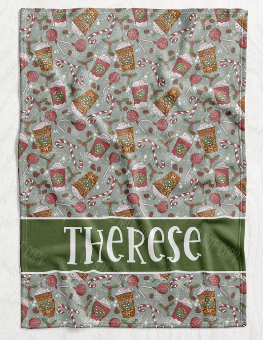 Custom Personalized Plush Minky Blanket - Green Holiday Coffee Faux Quilt Style // 3 sizes