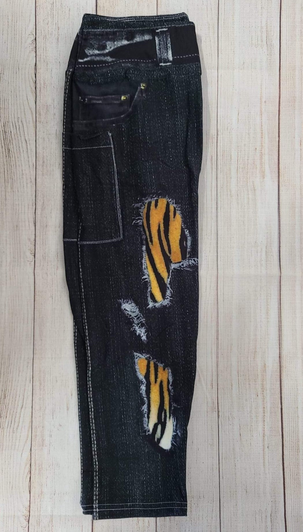 Black Tiger Faux Denim leggings, capris, and shorts