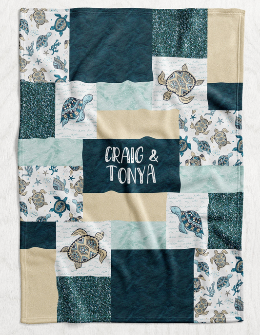 Custom Personalized Plush Minky Blanket - Ocean Turtle Sealife Faux Quilt Style  // 3 sizes