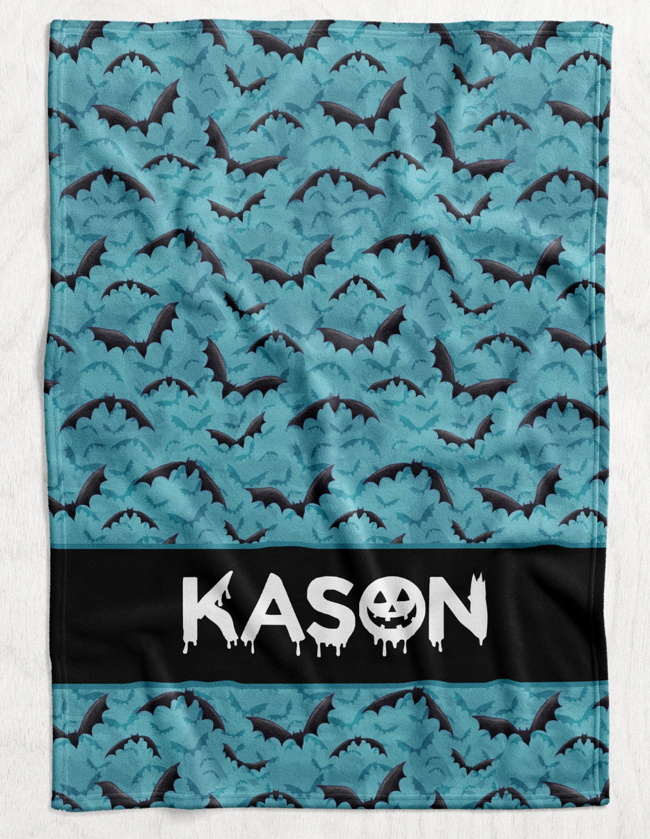 Custom Personalized Plush Minky Blanket - Blue Bats Name Block Style // 3 sizes