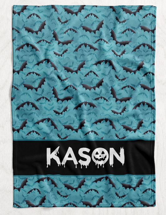 Custom Personalized Plush Minky Blanket - Blue Bats Name Block Style // 3 sizes