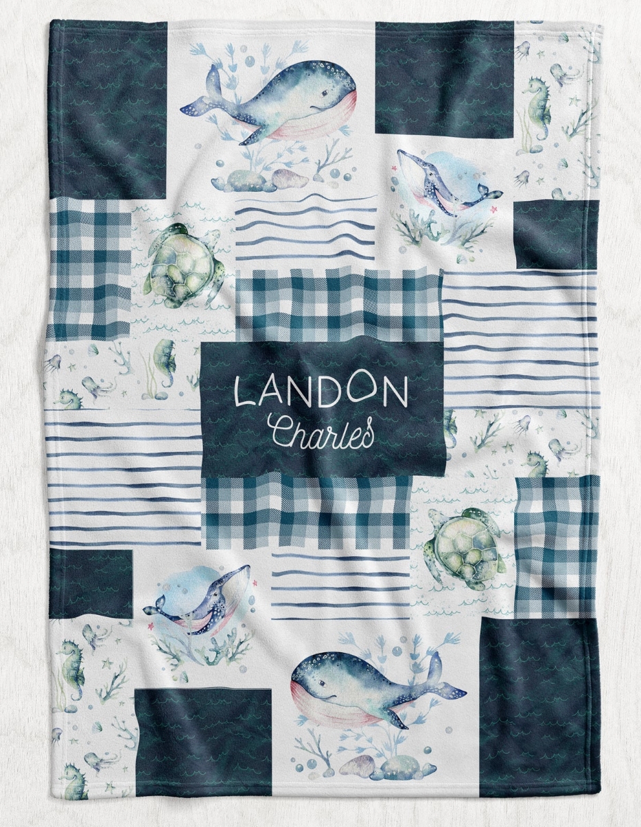Custom Personalized Plush Minky Blanket - Blue Whale Faux Quilt Style // 3 sizes