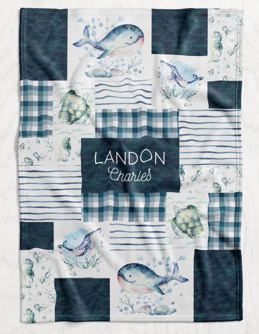 Custom Personalized Plush Minky Blanket - Blue Whale Faux Quilt Style // 3 sizes