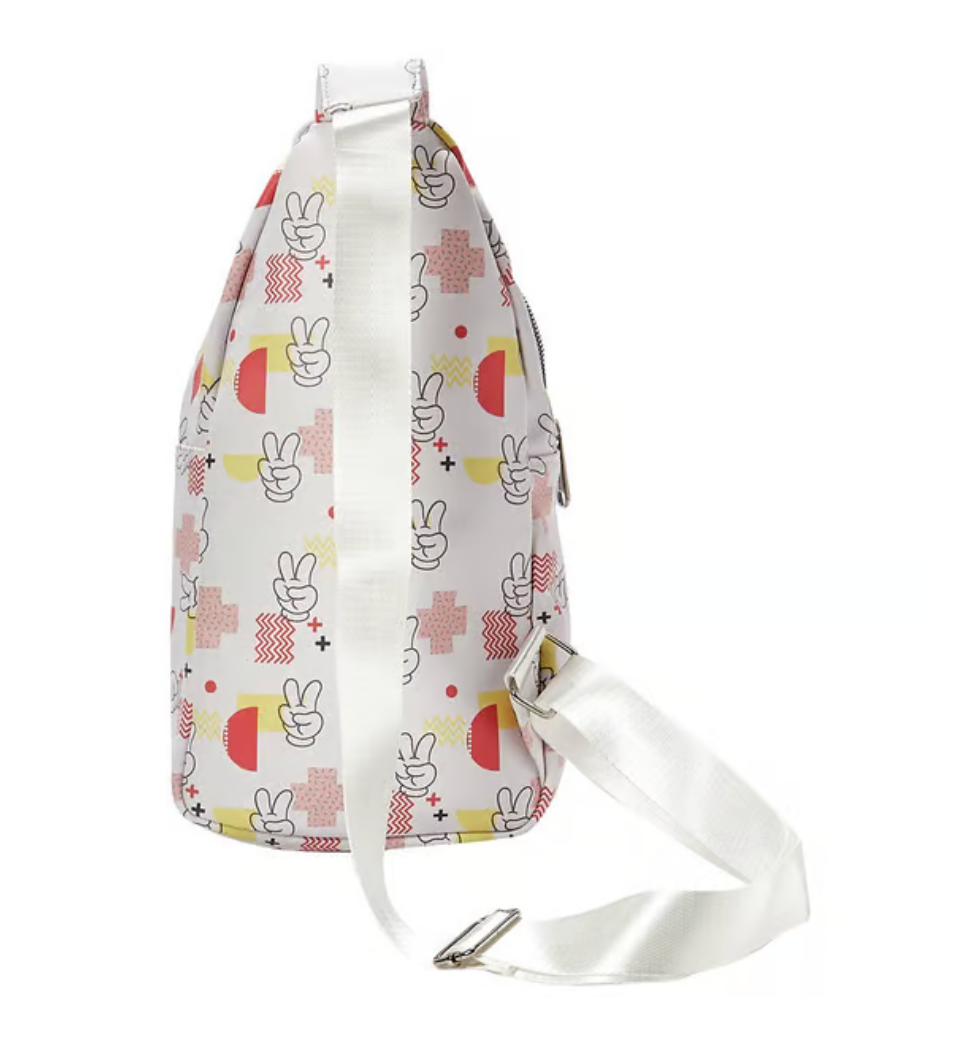 Disney Vegan Leather Crossbody Sling Bag, Mickey Mouse Peace Fingers Applique and Icons Collage, White, 7" x 14"