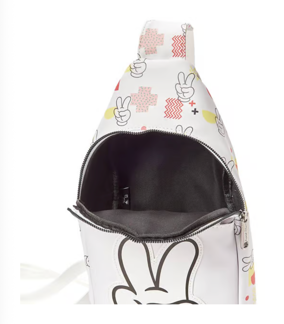 Disney Vegan Leather Crossbody Sling Bag, Mickey Mouse Peace Fingers Applique and Icons Collage, White, 7" x 14"