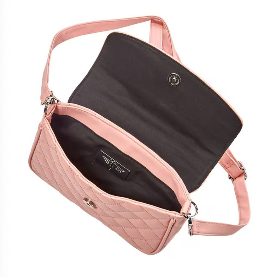 Disney Vegan Leather Fold Over Crossbody Bag for Women, Minnie Mouse Ears and Bow Icon with Mini Faux Pearls, Pink