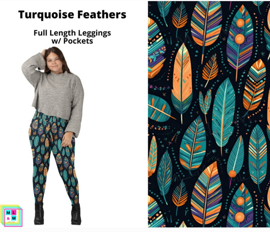 Turquoise Feathers Full Length Leggings w/ Pockets
