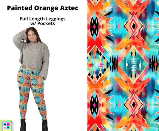 Painted Orange Aztec Full Length Leggings w/ Pockets