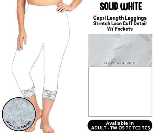 Preorder! Closes 5/12. ETA August. Solid White Lace Cuff Capris w/ Pockets